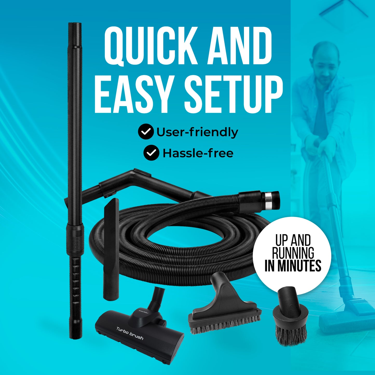 Intervac Accessory Kit with Combo Rug/Floor Tool TK108-B - 7-Piece Tool Kit for Central Vacuum Systems - Includes 35' Stretch Hose & High-Quality Attachments