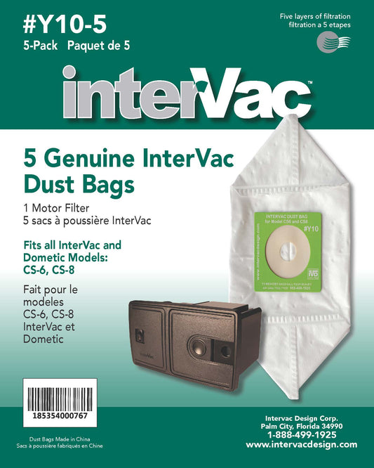 InterVac Y10-5 Genuine Dust Bags 5-Pack for CS-6 CS-8 CS-10 Models with Motor Filter Filtration System