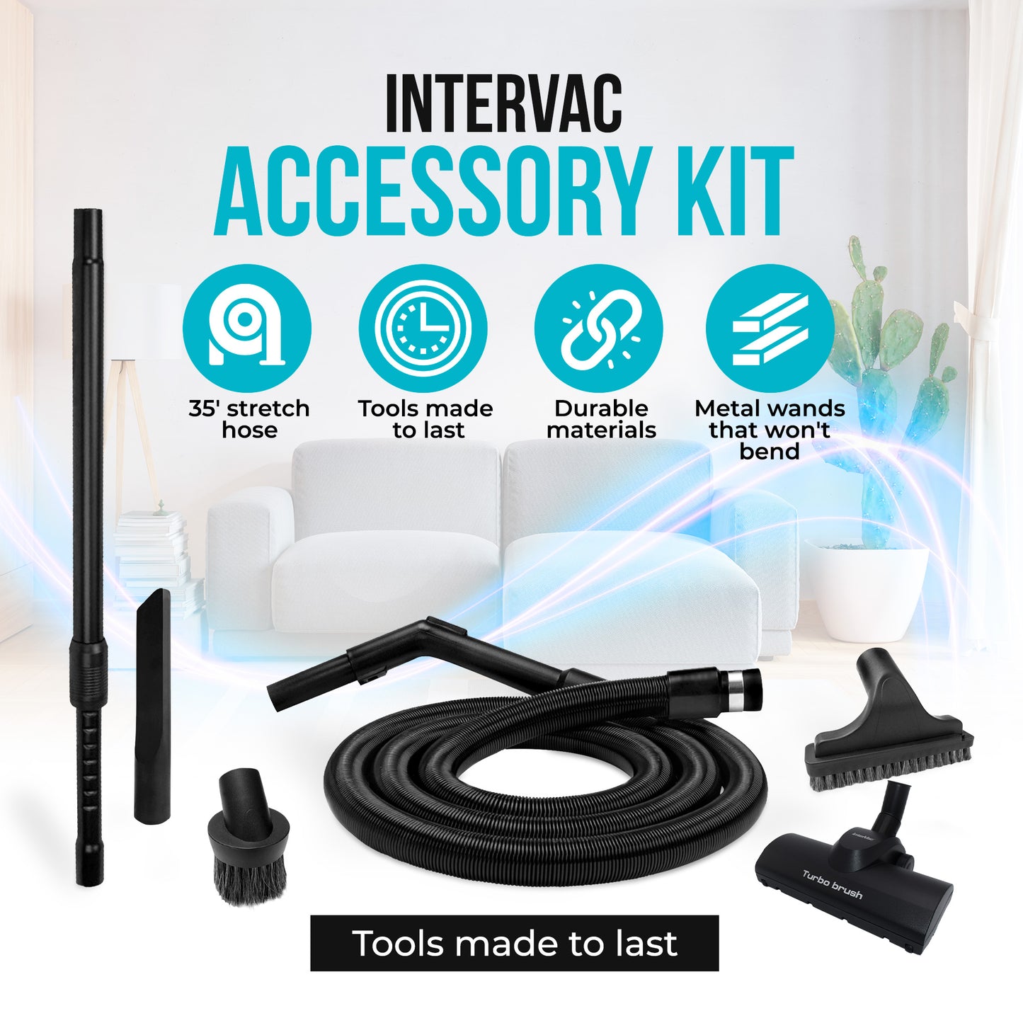 Intervac Accessory Kit with Combo Rug/Floor Tool TK108-B - 7-Piece Tool Kit for Central Vacuum Systems - Includes 35' Stretch Hose & High-Quality Attachments