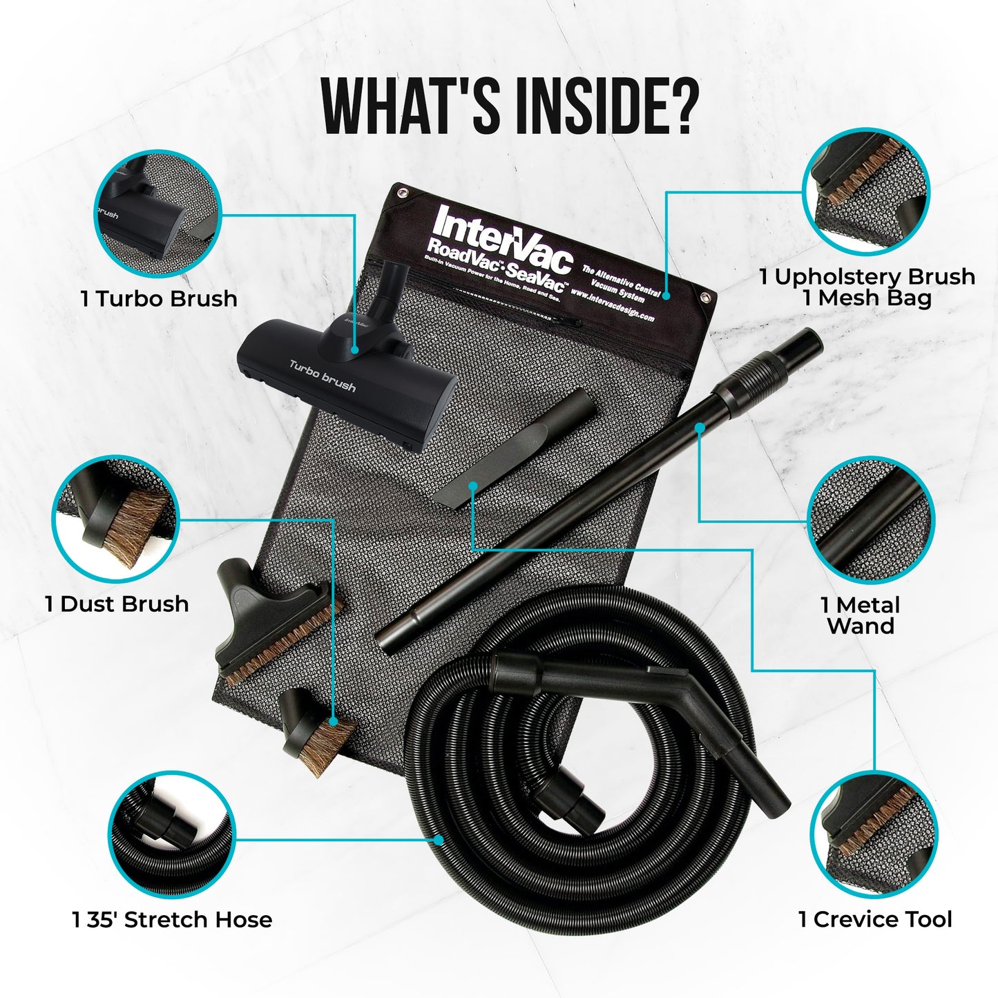 Intervac Accessory Kit with Combo Rug/Floor Tool TK108-B - 7-Piece Tool Kit for Central Vacuum Systems - Includes 35' Stretch Hose & High-Quality Attachments