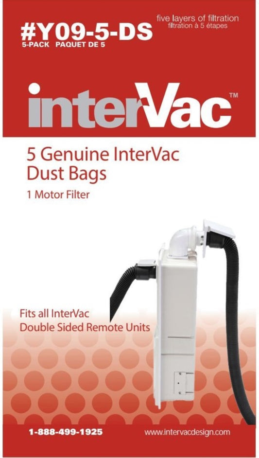InterVac Y09-5-DS 5-Pack Genuine Dust Bags & 1 Motor Filter for RMD Model HEPA-Type Filtration for Cleaner Air Easy Installation